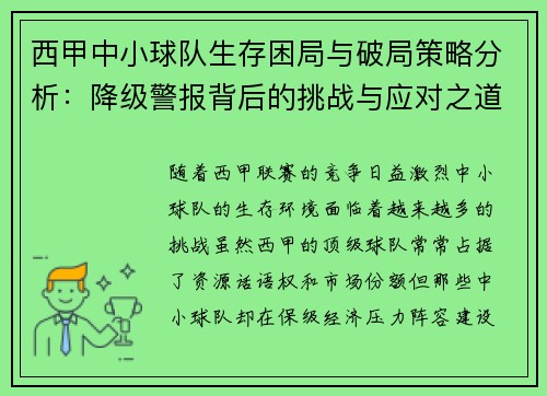 西甲中小球队生存困局与破局策略分析：降级警报背后的挑战与应对之道