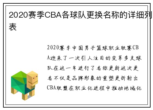 2020赛季CBA各球队更换名称的详细列表