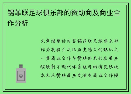 锡菲联足球俱乐部的赞助商及商业合作分析