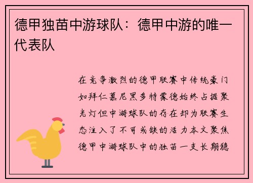 德甲独苗中游球队：德甲中游的唯一代表队